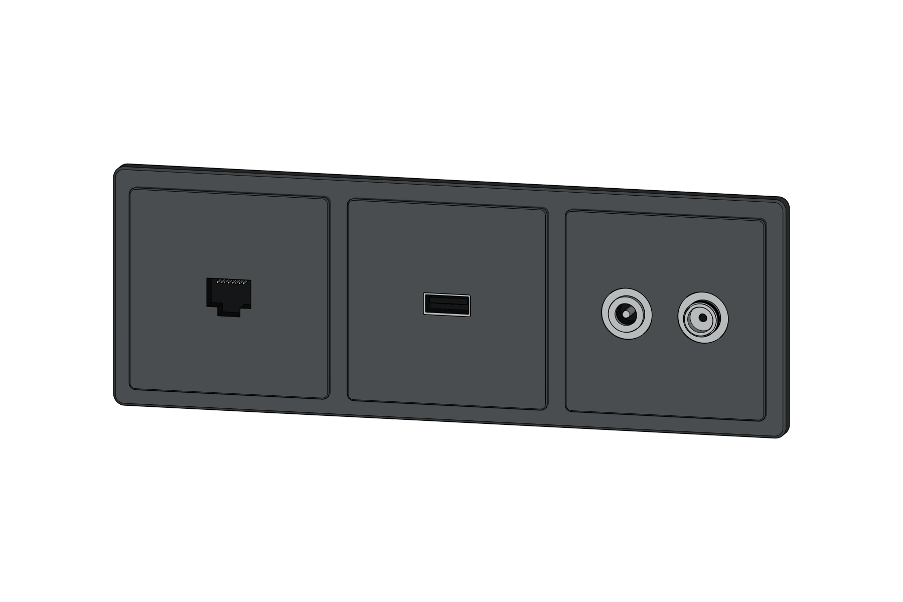 Anthracite three-position SwitchBuilder frame with LAN, USB and TV connectors