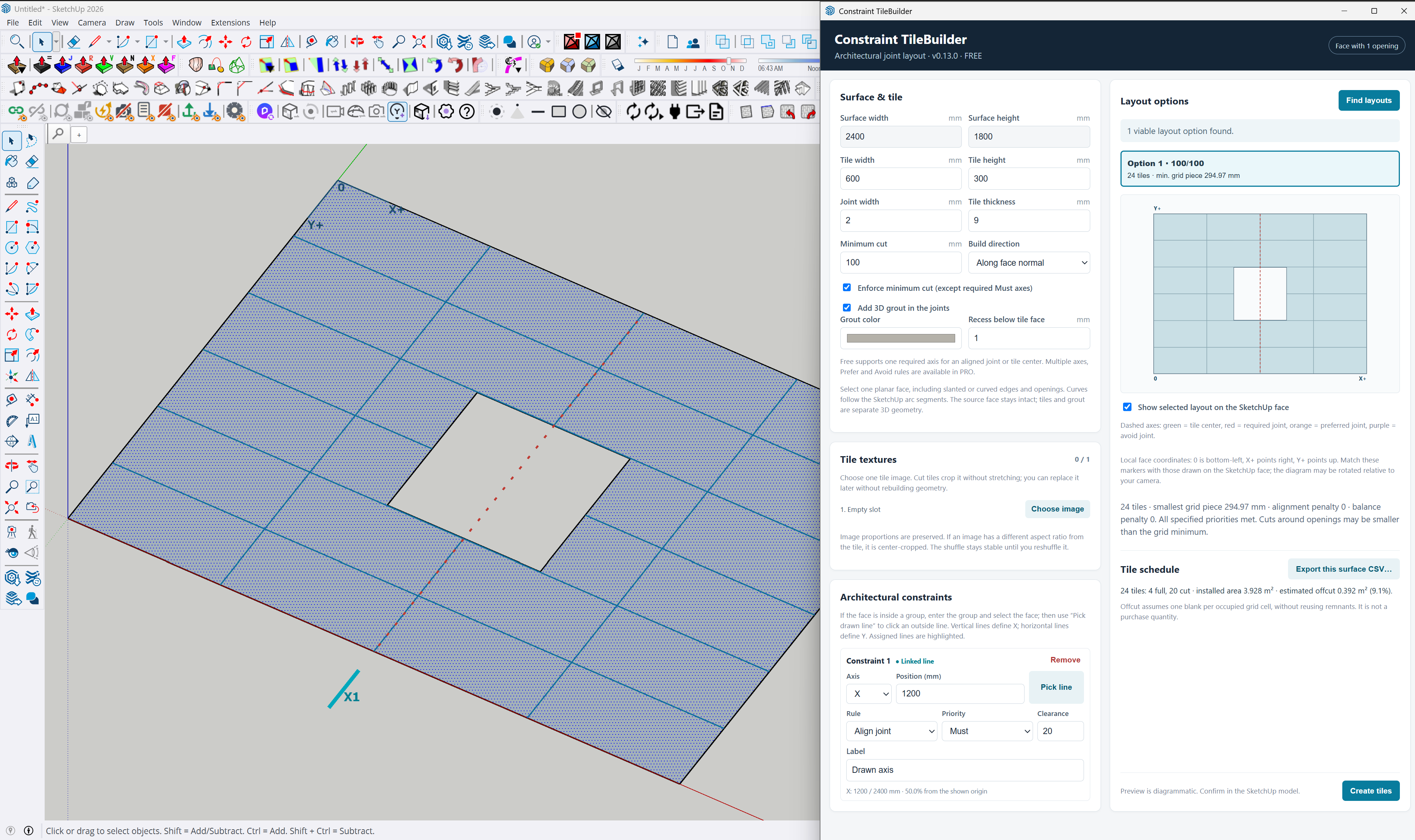 TileBuilder 0.13.0 Free dialog: a drawn line defines X=1200 mm and is set as a required joint, with the resulting layout in SketchUp