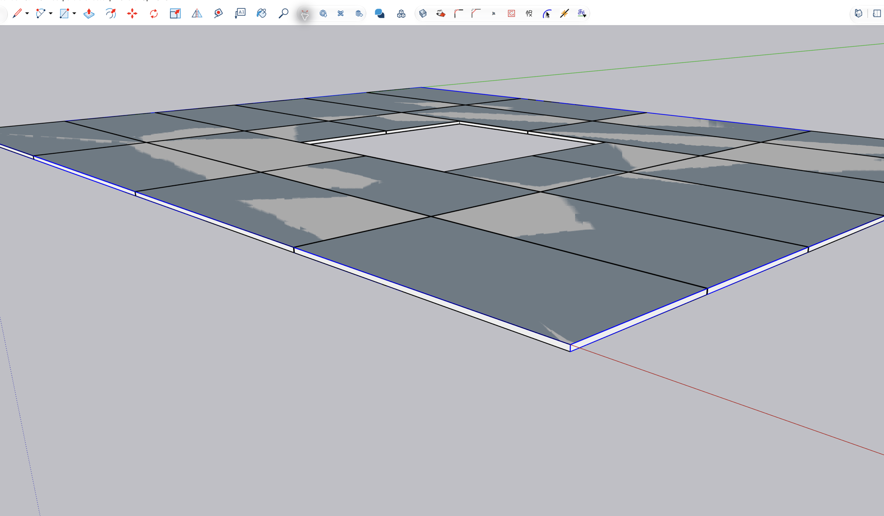 Isometric SketchUp view of a generated tile layout around a rectangular opening, showing tile and grout depth
